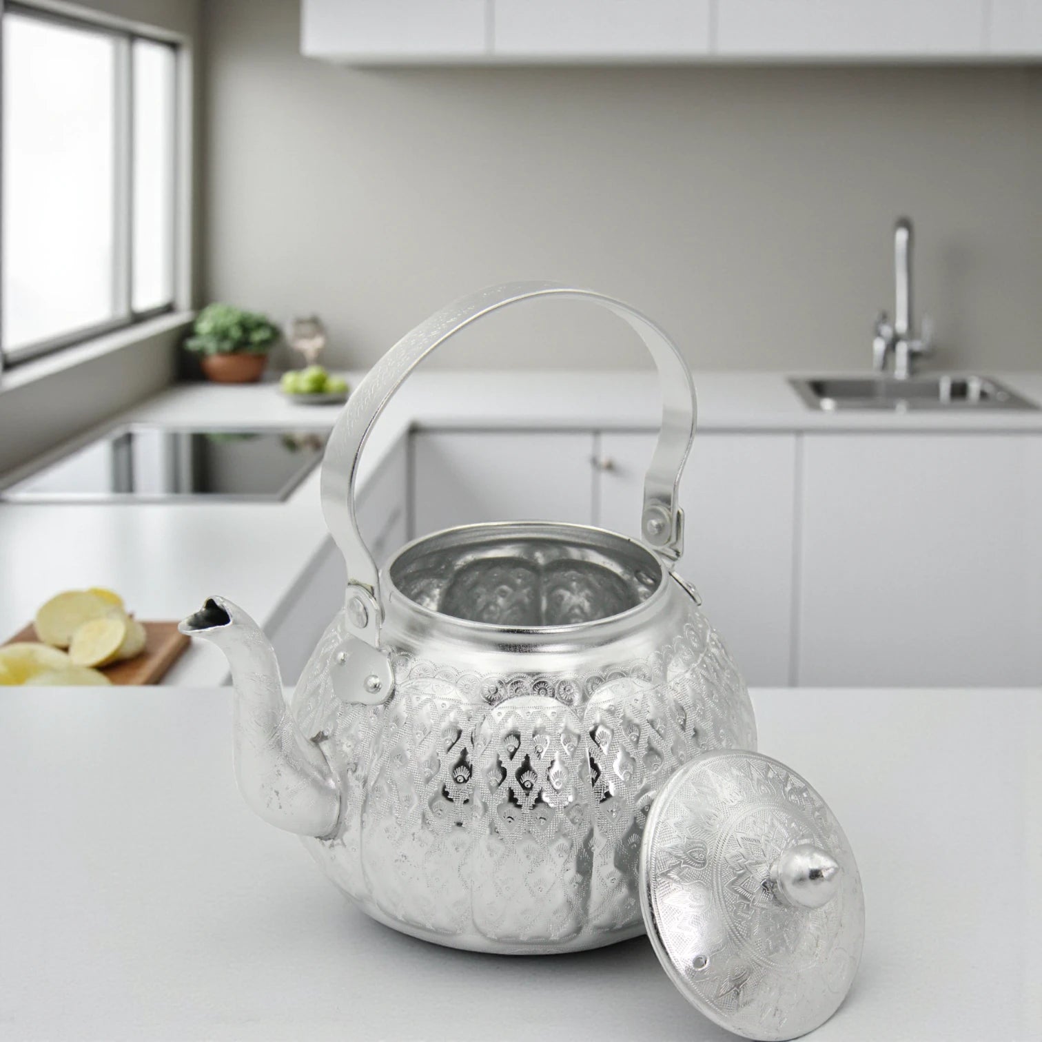 Damoo Traditional Silver Aluminum Kettle – Ornate Handled Teapot for Serving & Decoration - Damoo
