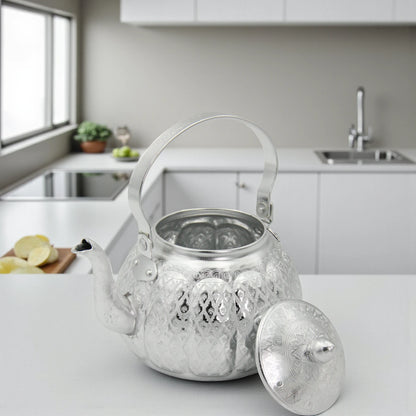 Damoo Traditional Silver Aluminum Kettle – Ornate Handled Teapot for Serving & Decoration - Damoo