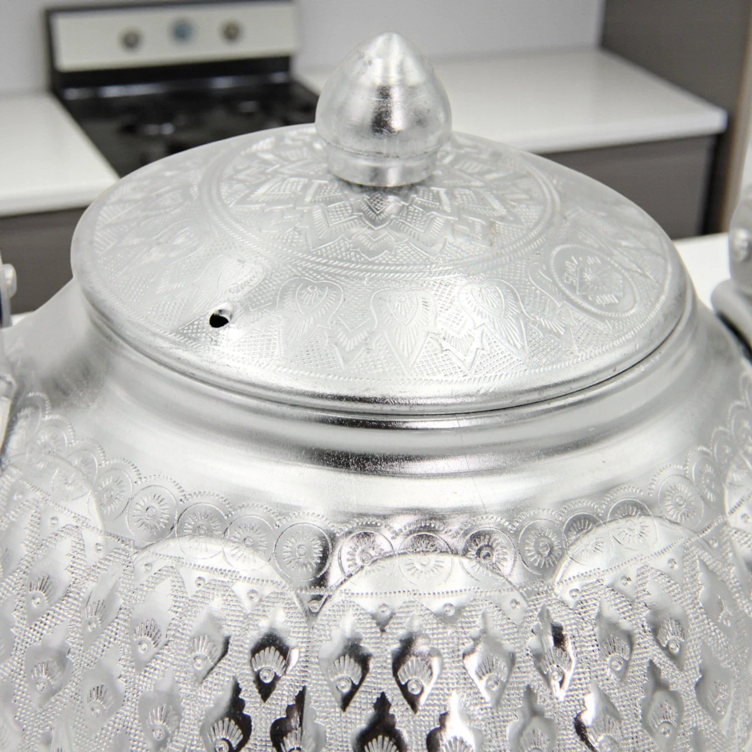 Damoo Traditional Silver Aluminum Kettle – Ornate Handled Teapot for Serving & Decoration - Damoo