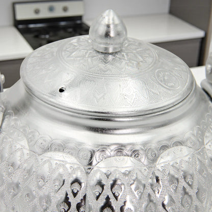 Damoo Traditional Silver Aluminum Kettle – Ornate Handled Teapot for Serving & Decoration - Damoo