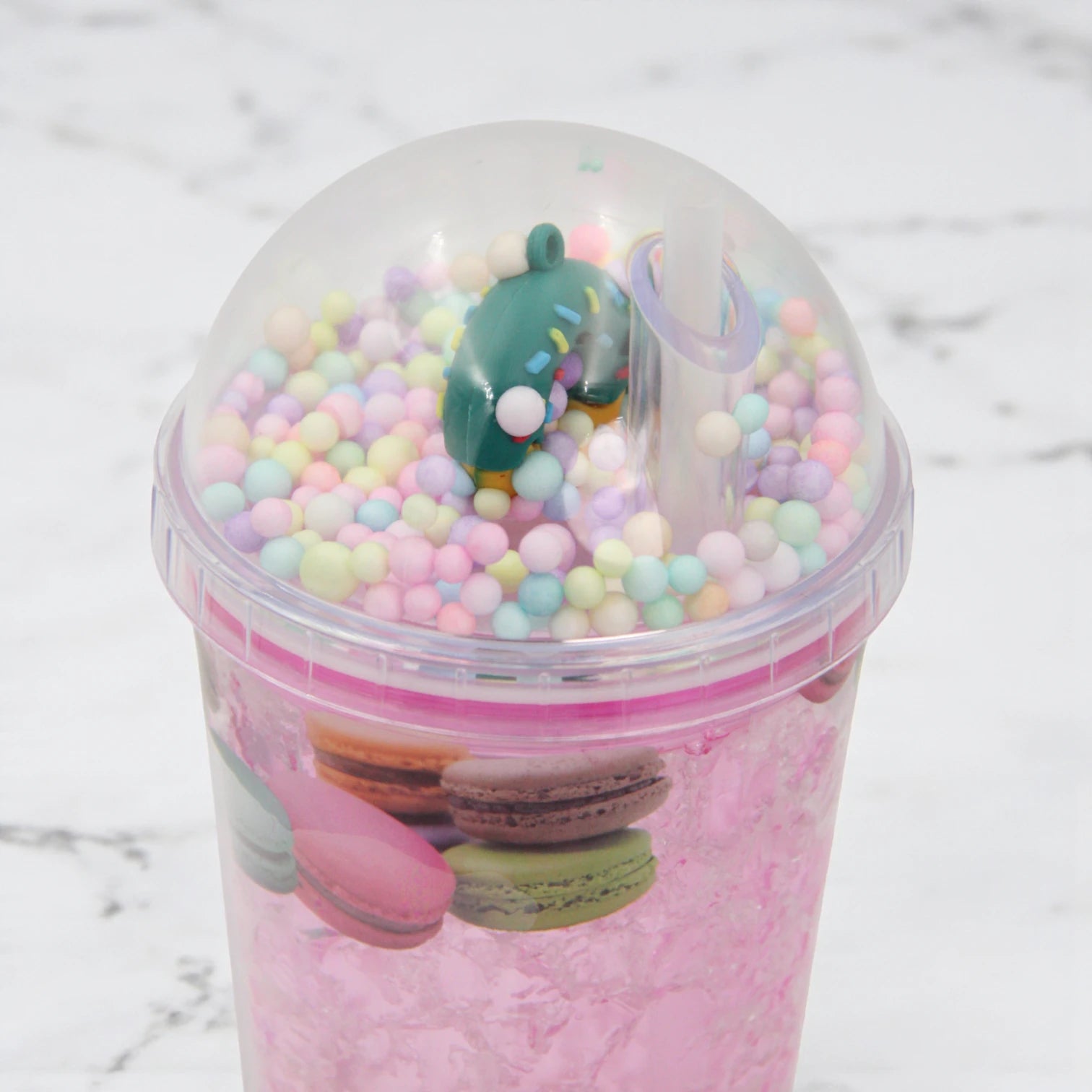 Macaron Tumbler Cup with Dome Lid & Straw – Pink Glitter Cup, Cute Pastel Macaron Design, BPA-Free, Reusable Cold Drink Cup with Straw for Smoothies, Iced Coffee & Bubble Tea – - Damoo