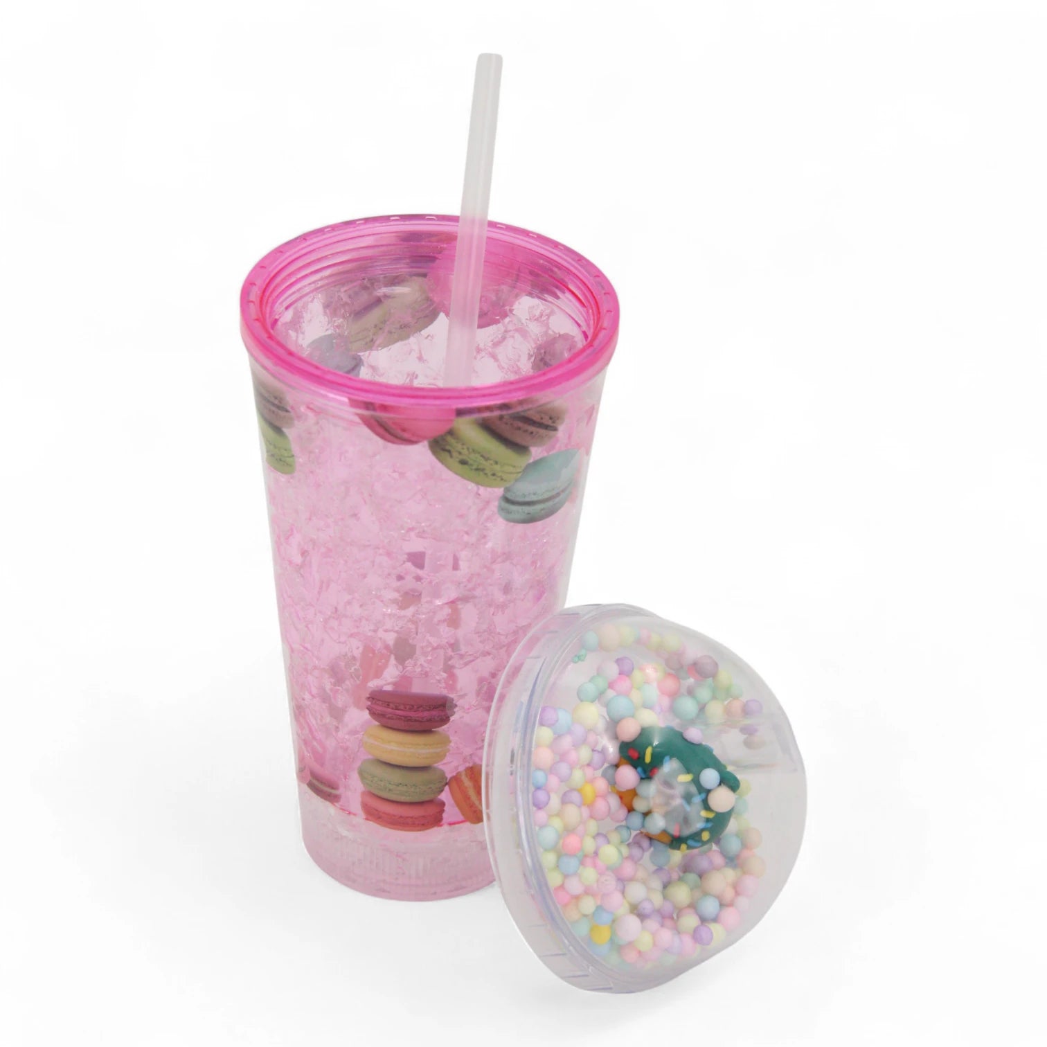 Macaron Tumbler Cup with Dome Lid & Straw – Pink Glitter Cup, Cute Pastel Macaron Design, BPA-Free, Reusable Cold Drink Cup with Straw for Smoothies, Iced Coffee & Bubble Tea – - Damoo