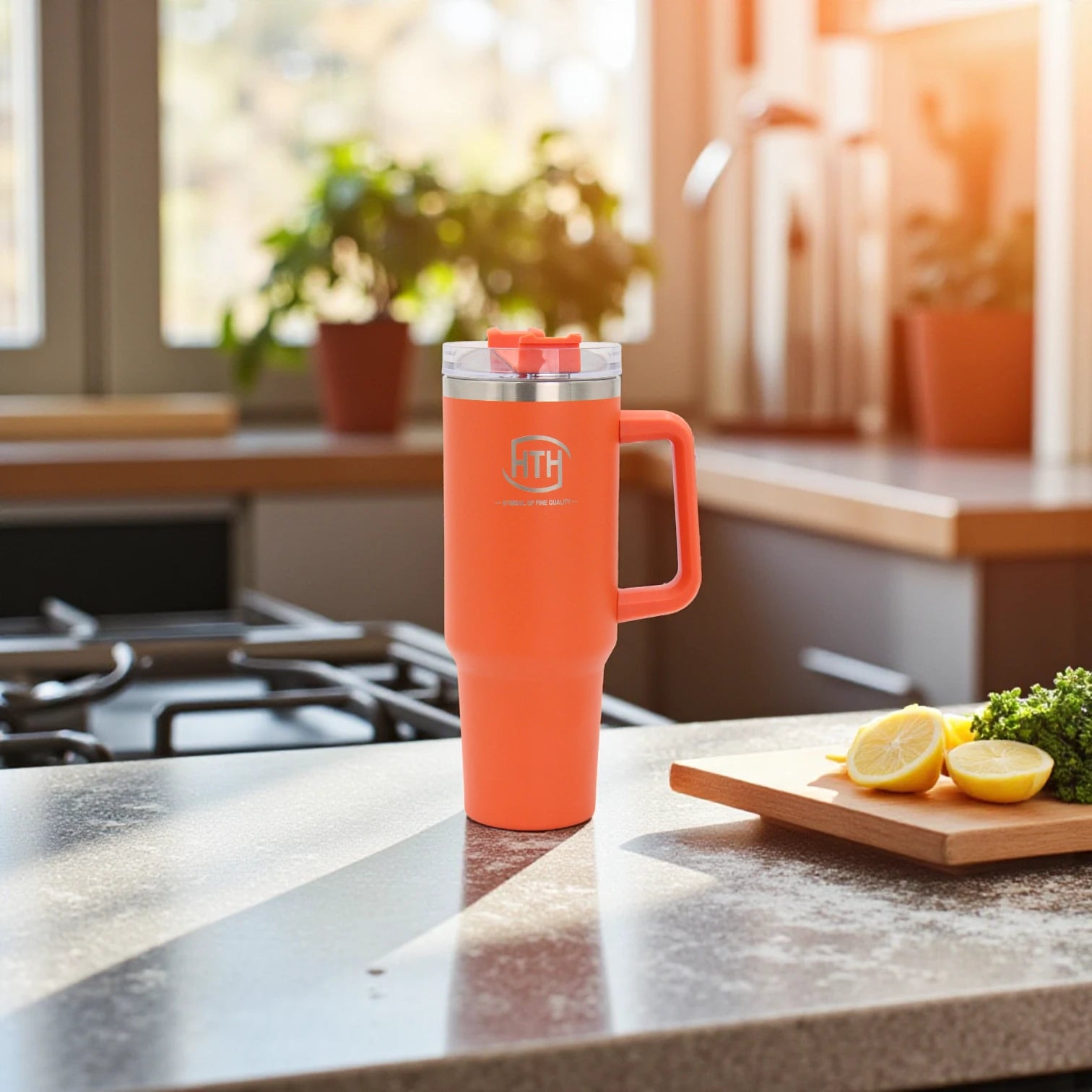 HTH Stainless Steel Travel Mug with Handle – Double Wall Insulated Coffee Cup, Leak-Proof Lid, Large Capacity, Orange - Damoo
