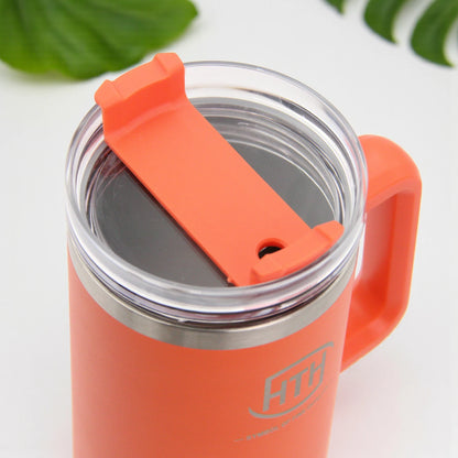 HTH Stainless Steel Travel Mug with Handle – Double Wall Insulated Coffee Cup, Leak-Proof Lid, Large Capacity, Orange - Damoo