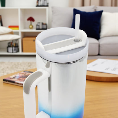 Damoo Electroplated Stainless Steel Travel Mug  with Handle & Lid – Double Wall Insulated Tumbler for Hot & Cold Drinks, Gradient Blue Silver - Damoo