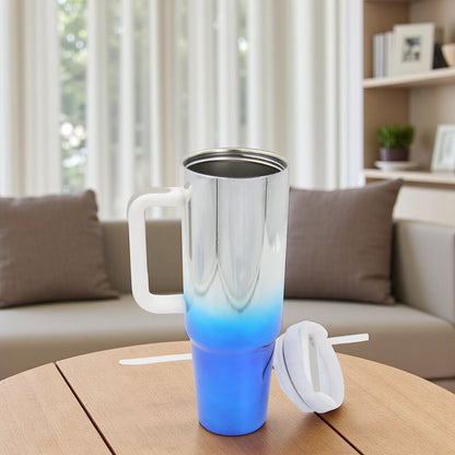 Damoo Electroplated Stainless Steel Travel Mug  with Handle & Lid – Double Wall Insulated Tumbler for Hot & Cold Drinks, Gradient Blue Silver - Damoo