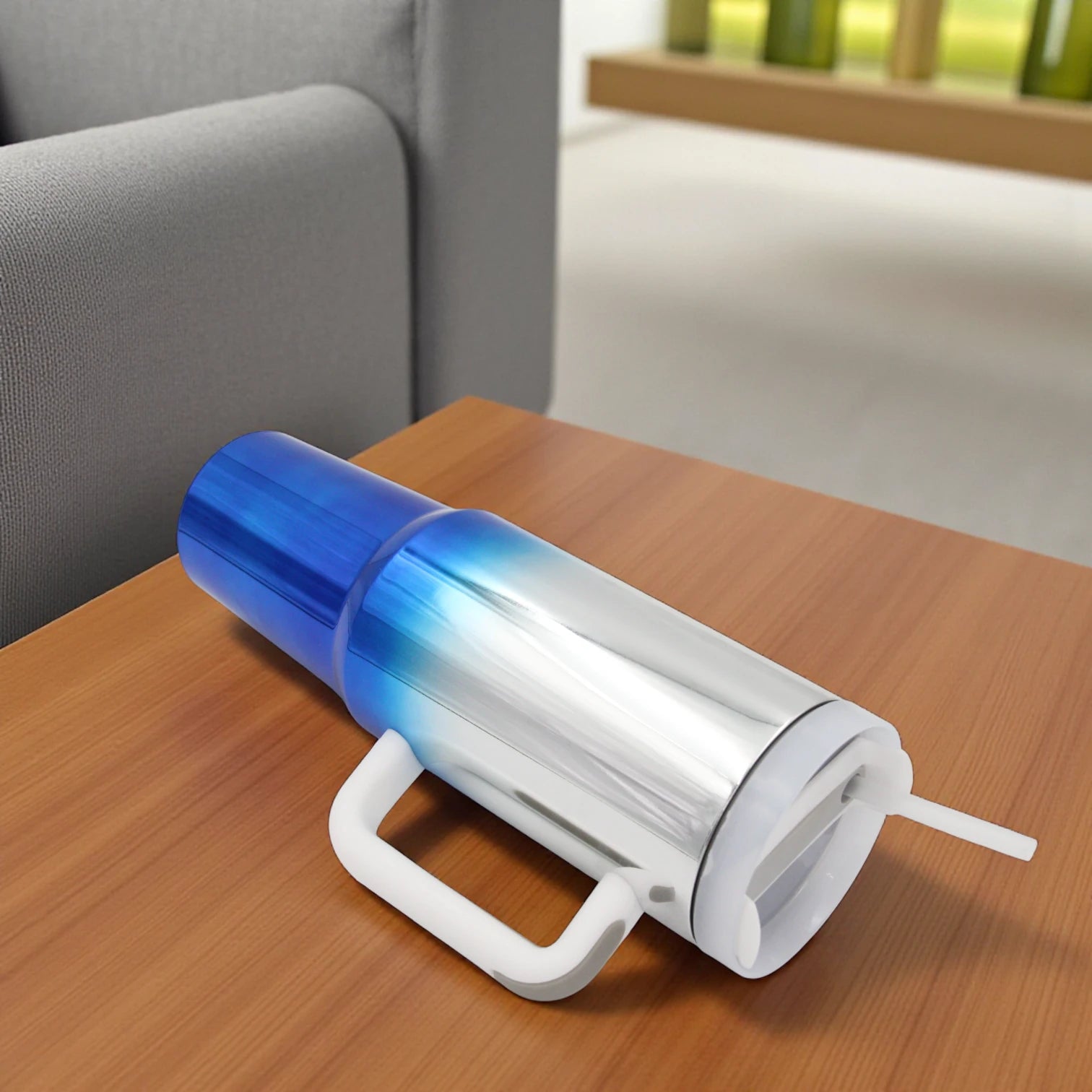 Damoo Electroplated Stainless Steel Travel Mug  with Handle & Lid – Double Wall Insulated Tumbler for Hot & Cold Drinks, Gradient Blue Silver - Damoo