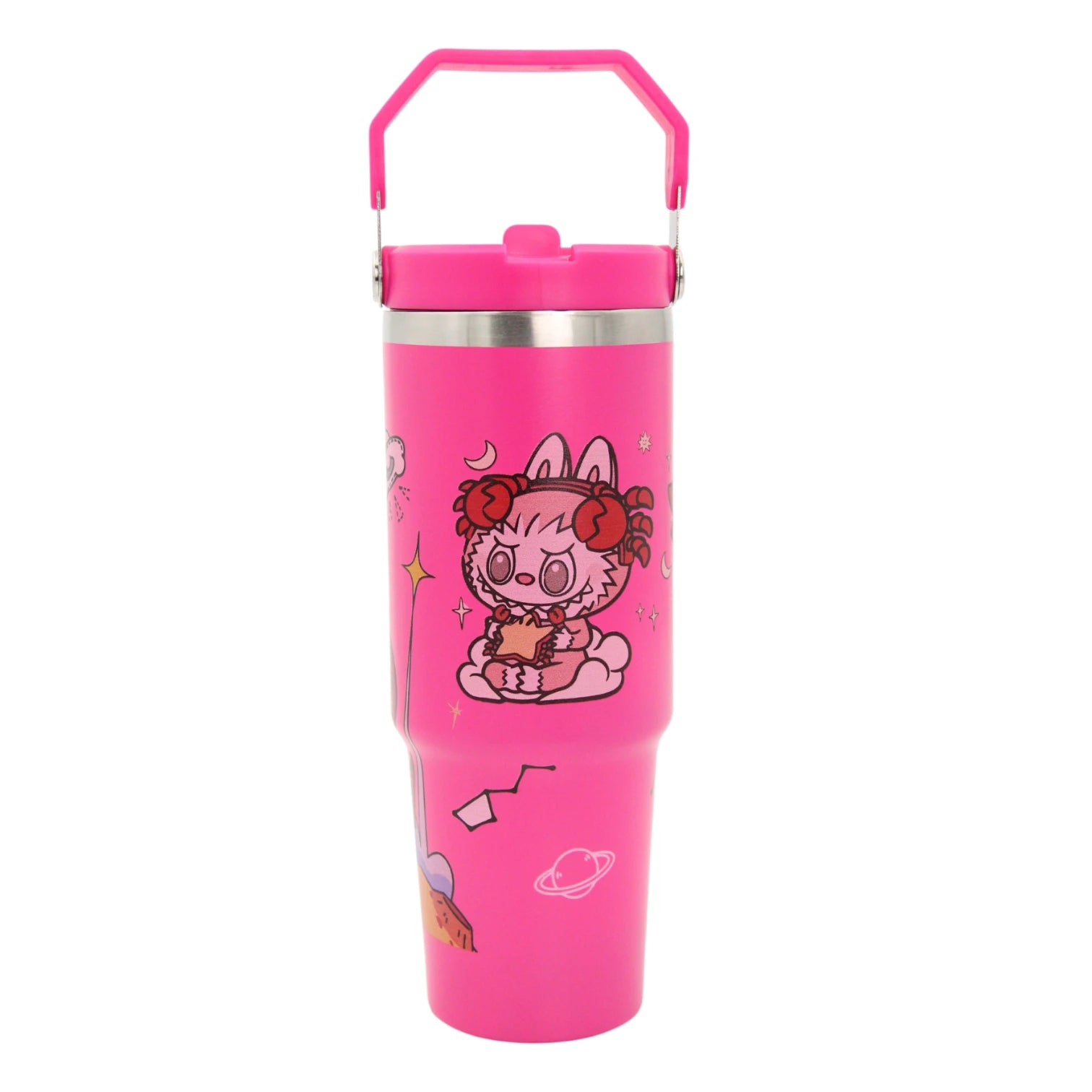 Damoo Pink Cartoon Stainless Steel Travel Tumbler 30cm – Double Wall Insulated Cup with Handle & Lid, Cute Character Design, 850ml Capacity - Damoo