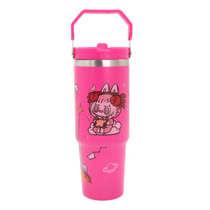 Damoo Pink Cartoon Stainless Steel Travel Tumbler 30cm – Double Wall Insulated Cup with Handle & Lid, Cute Character Design, 850ml Capacity - Damoo
