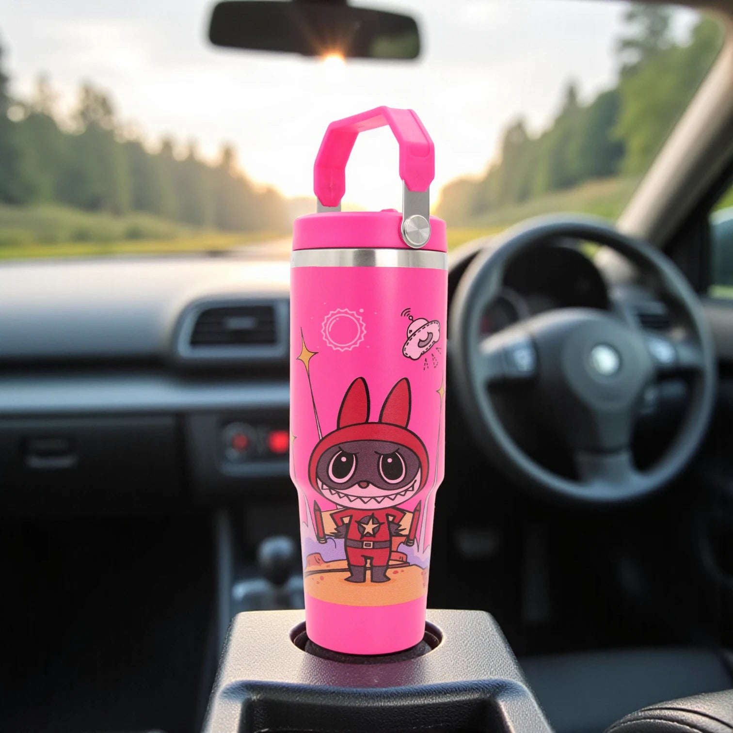 Damoo Pink Cartoon Stainless Steel Travel Tumbler 30cm – Double Wall Insulated Cup with Handle & Lid, Cute Character Design, 850ml Capacity - Damoo