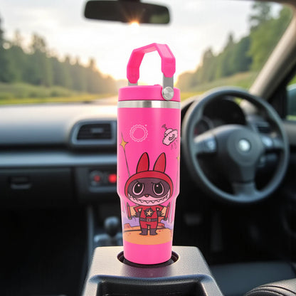 Damoo Pink Cartoon Stainless Steel Travel Tumbler 30cm – Double Wall Insulated Cup with Handle & Lid, Cute Character Design, 850ml Capacity - Damoo