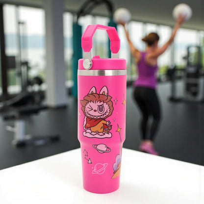 Damoo Pink Cartoon Stainless Steel Travel Tumbler 30cm – Double Wall Insulated Cup with Handle & Lid, Cute Character Design, 850ml Capacity - Damoo
