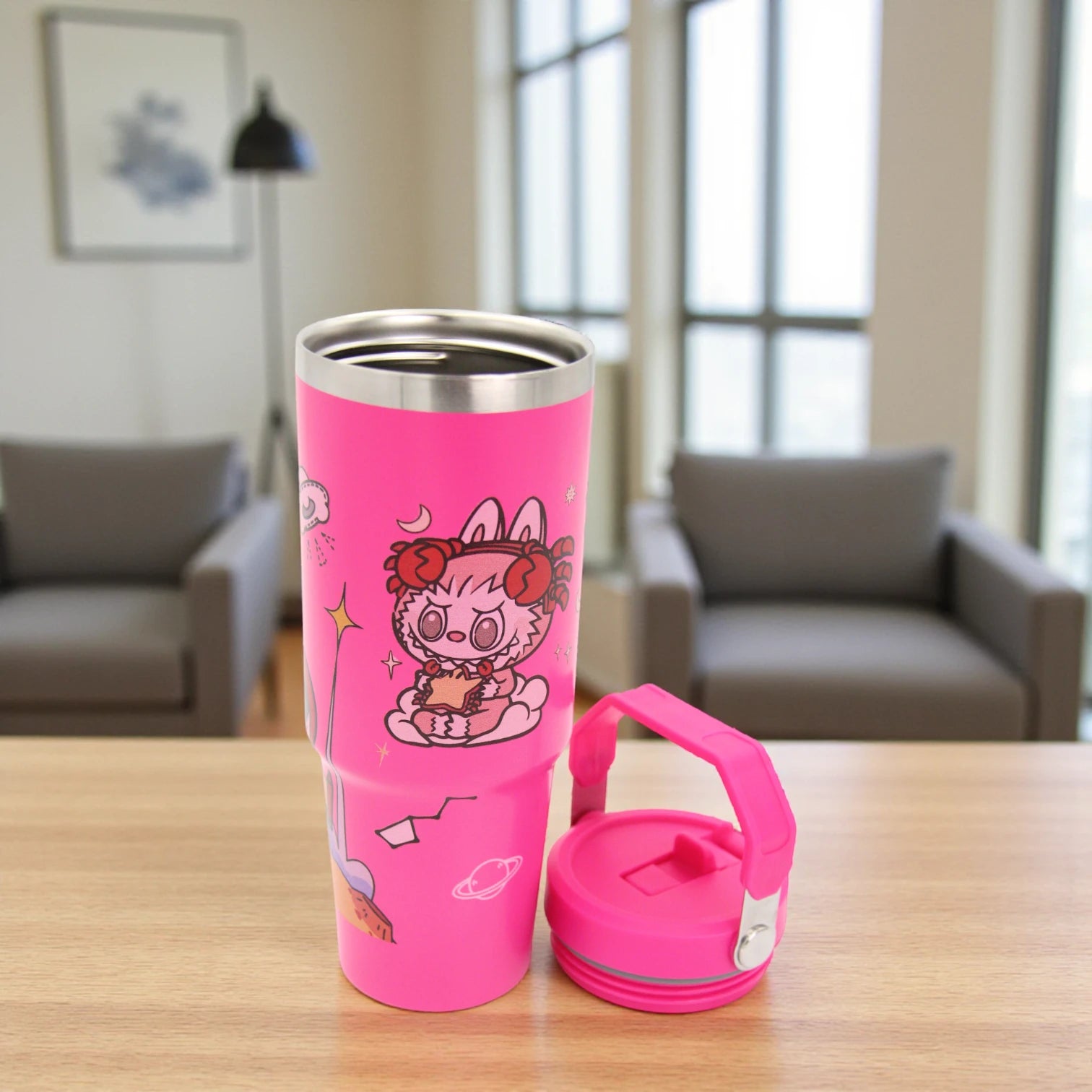 Damoo Pink Cartoon Stainless Steel Travel Tumbler 30cm – Double Wall Insulated Cup with Handle & Lid, Cute Character Design, 850ml Capacity - Damoo