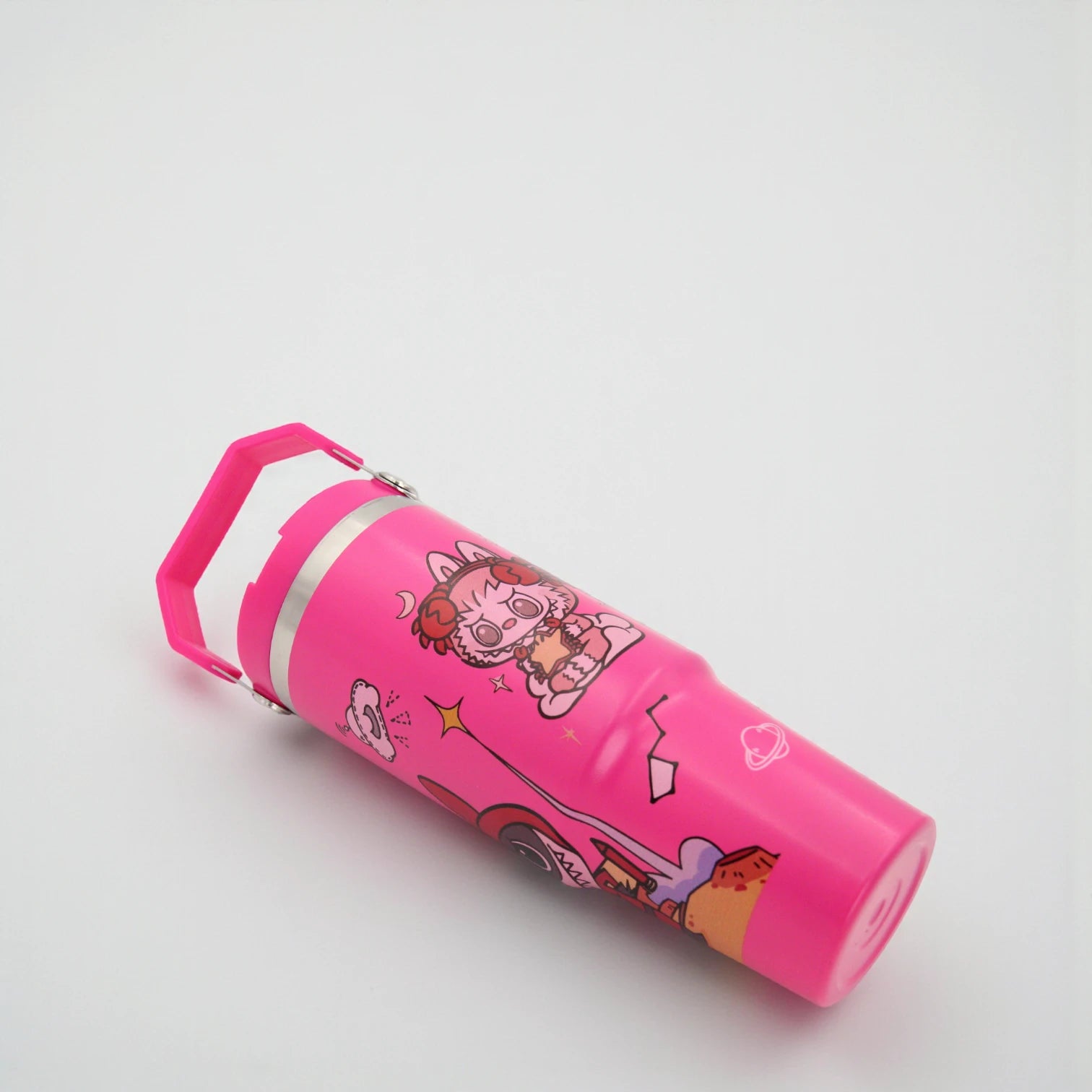 Damoo Pink Cartoon Stainless Steel Travel Tumbler 30cm – Double Wall Insulated Cup with Handle & Lid, Cute Character Design, 850ml Capacity - Damoo
