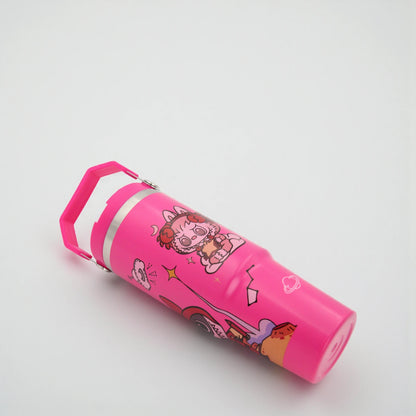 Damoo Pink Cartoon Stainless Steel Travel Tumbler 30cm – Double Wall Insulated Cup with Handle & Lid, Cute Character Design, 850ml Capacity - Damoo