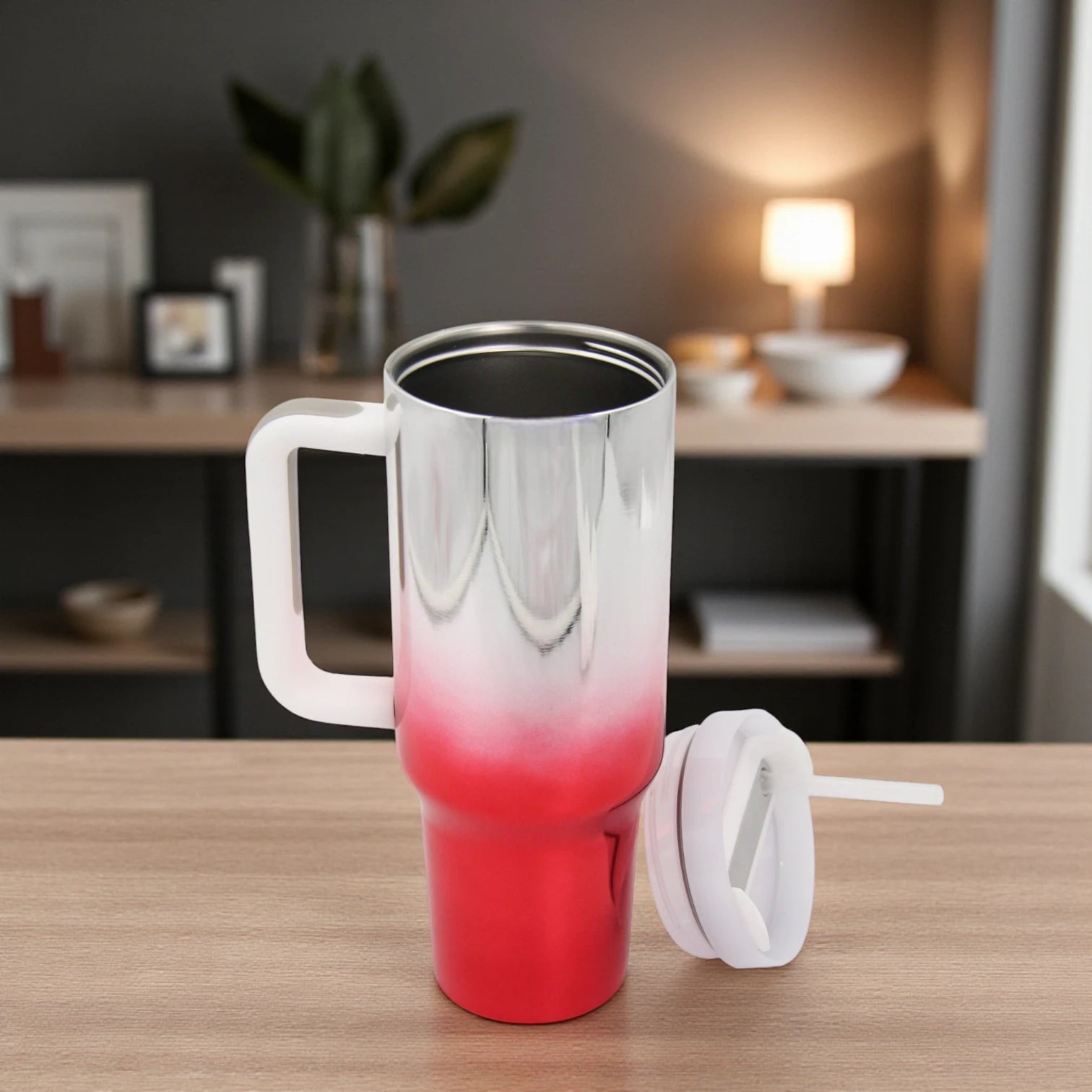 Damoo Electroplated Stainless Steel Travel Mug 50oz with Handle & Lid – Double Wall Insulated Gradient Red Silver Tumbler for Hot & Cold Drinks - Damoo