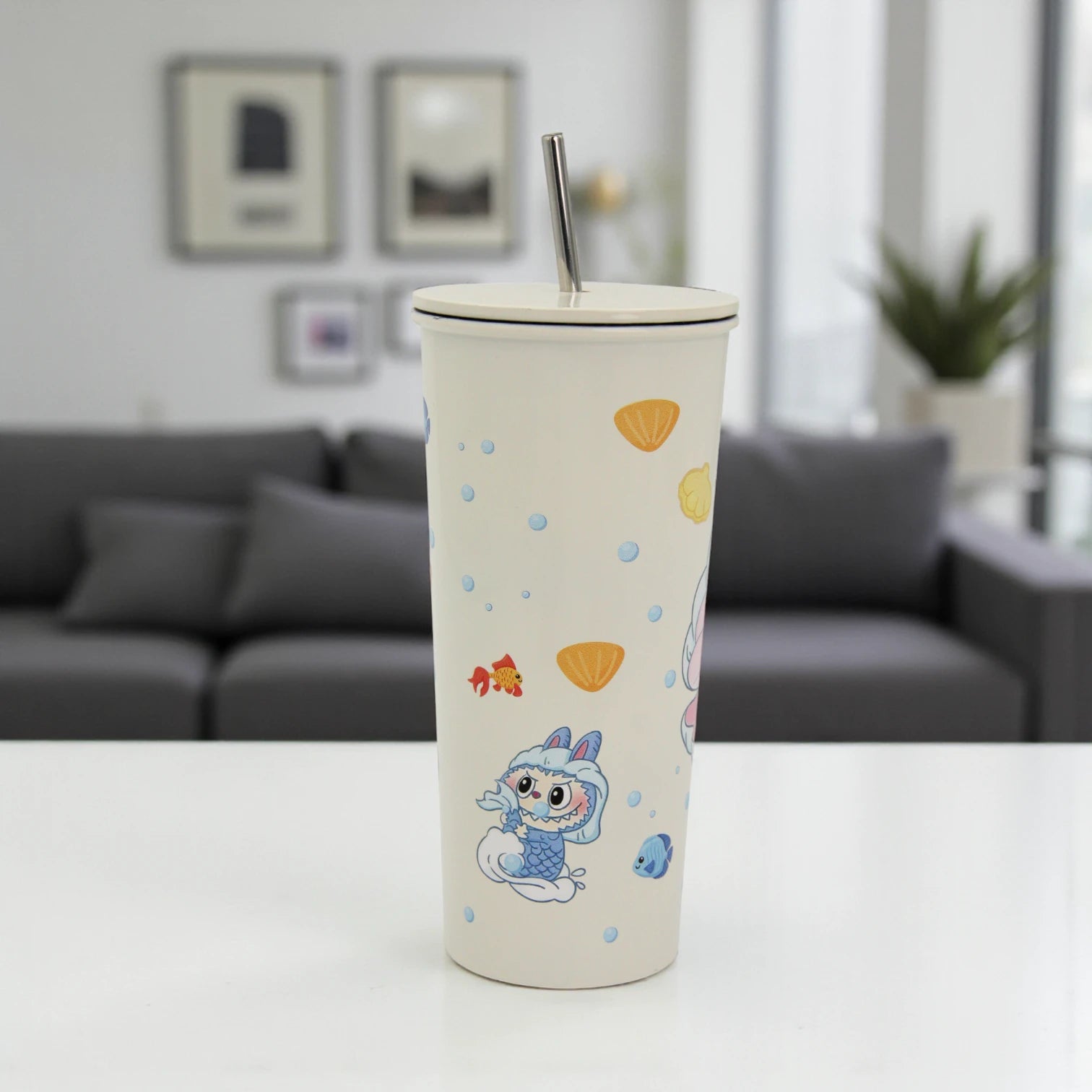 Damoo LABUBU Cartoon Stainless Steel Tumbler 18cm with Lid & Straw – Double Wall Insulated Cup for Hot & Cold Drinks, Cute Character Design - Damoo