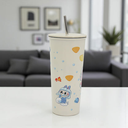 Damoo LABUBU Cartoon Stainless Steel Tumbler 18cm with Lid & Straw – Double Wall Insulated Cup for Hot & Cold Drinks, Cute Character Design - Damoo
