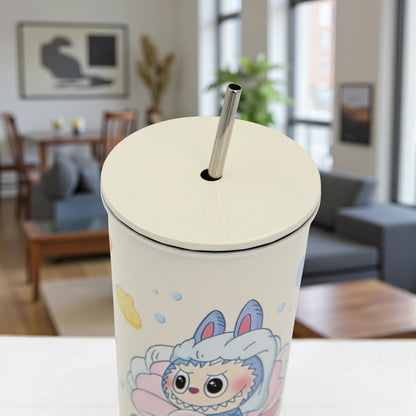 Damoo LABUBU Cartoon Stainless Steel Tumbler 18cm with Lid & Straw – Double Wall Insulated Cup for Hot & Cold Drinks, Cute Character Design - Damoo
