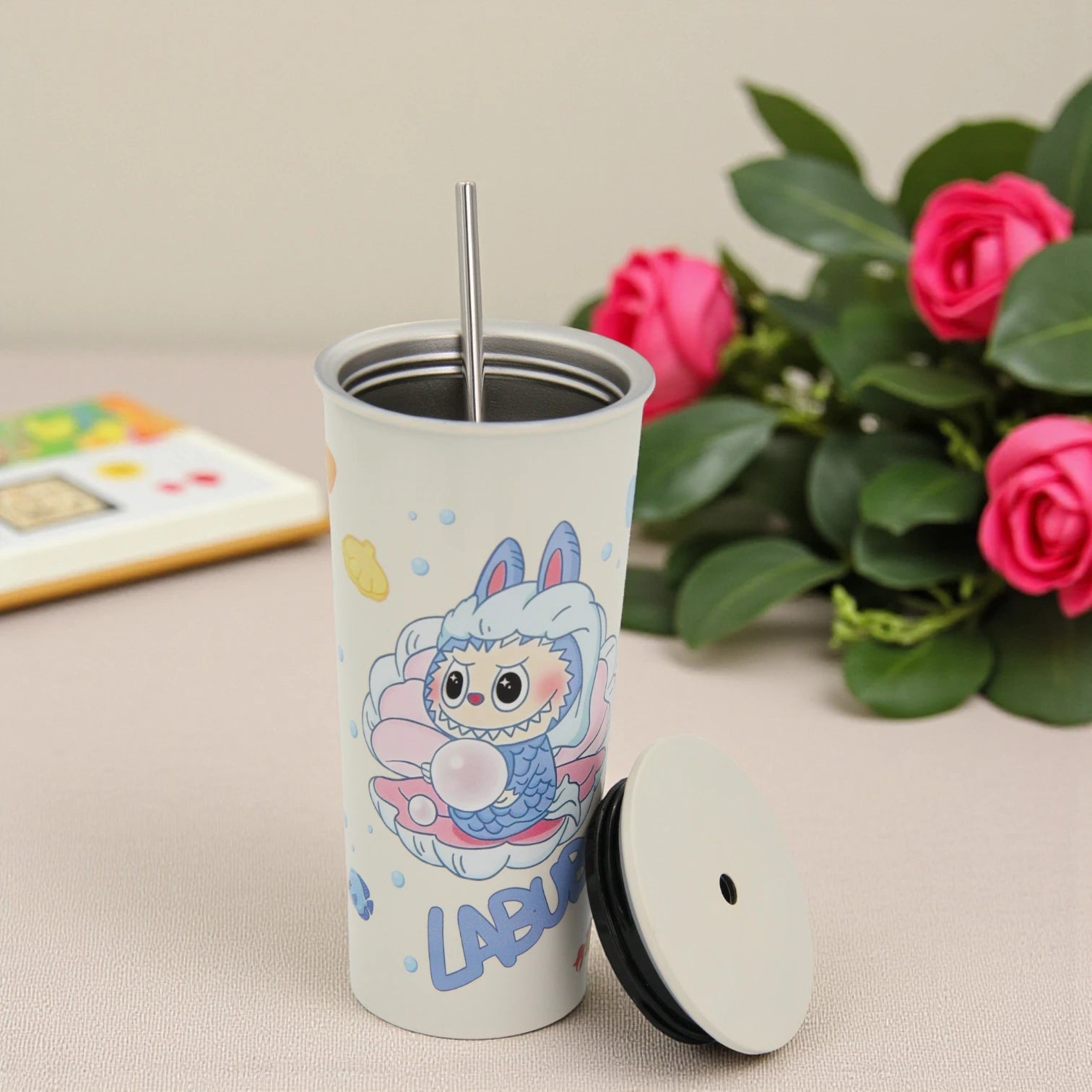 Damoo LABUBU Cartoon Stainless Steel Tumbler 18cm with Lid & Straw – Double Wall Insulated Cup for Hot & Cold Drinks, Cute Character Design - Damoo