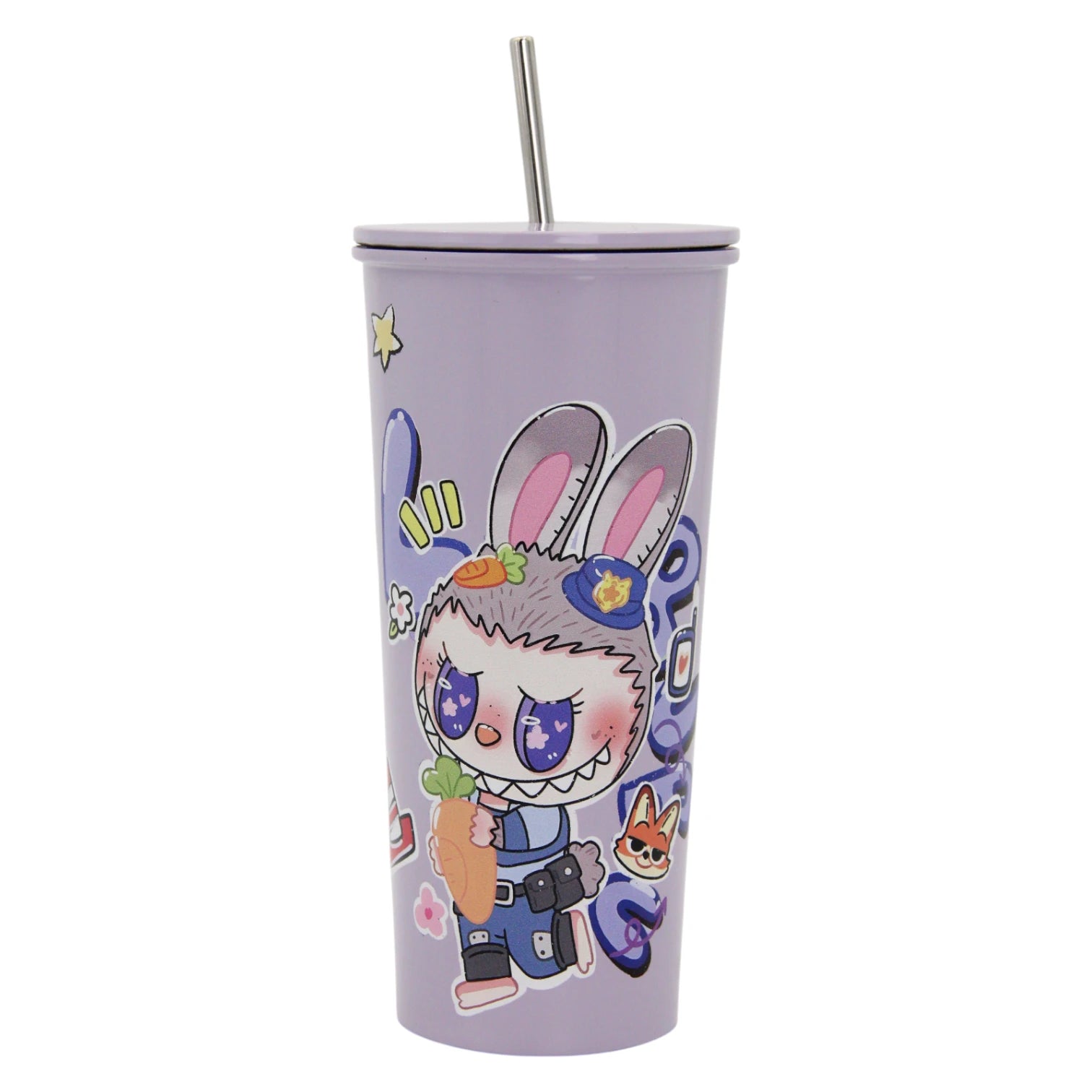Damoo Purple Cartoon Stainless Steel Tumbler 18cm with Lid & Straw – Double Wall Insulated Cup for Hot & Cold Drinks, Cute Bunny Character Design - Damoo