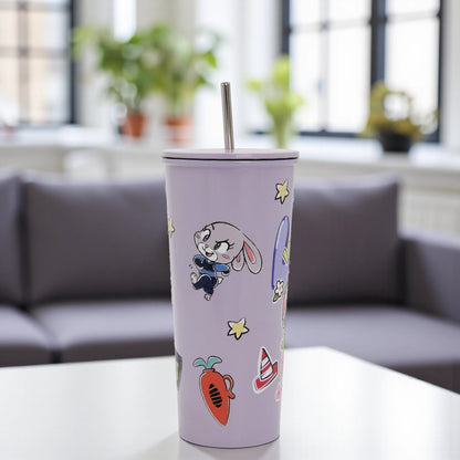 Damoo Purple Cartoon Stainless Steel Tumbler 18cm with Lid & Straw – Double Wall Insulated Cup for Hot & Cold Drinks, Cute Bunny Character Design - Damoo