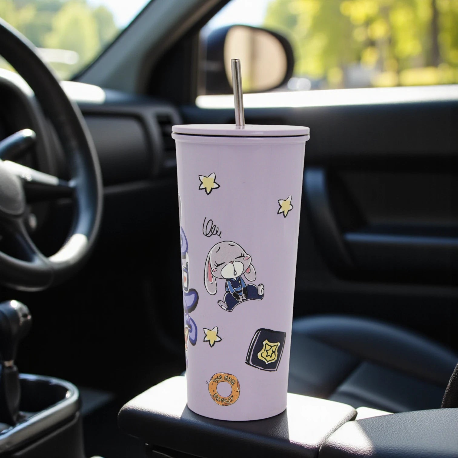 Damoo Purple Cartoon Stainless Steel Tumbler 18cm with Lid & Straw – Double Wall Insulated Cup for Hot & Cold Drinks, Cute Bunny Character Design - Damoo