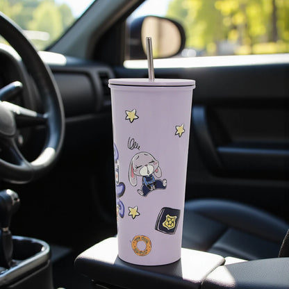 Damoo Purple Cartoon Stainless Steel Tumbler 18cm with Lid & Straw – Double Wall Insulated Cup for Hot & Cold Drinks, Cute Bunny Character Design - Damoo