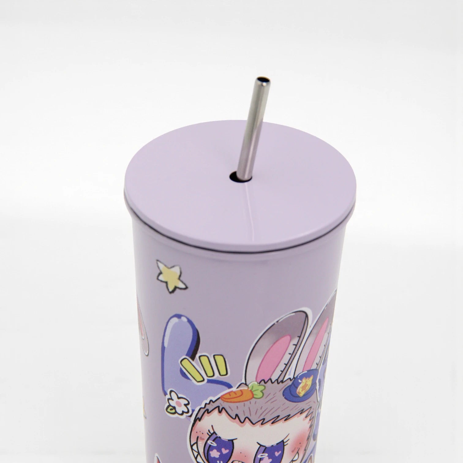 Damoo Purple Cartoon Stainless Steel Tumbler 18cm with Lid & Straw – Double Wall Insulated Cup for Hot & Cold Drinks, Cute Bunny Character Design - Damoo