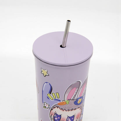 Damoo Purple Cartoon Stainless Steel Tumbler 18cm with Lid & Straw – Double Wall Insulated Cup for Hot & Cold Drinks, Cute Bunny Character Design - Damoo