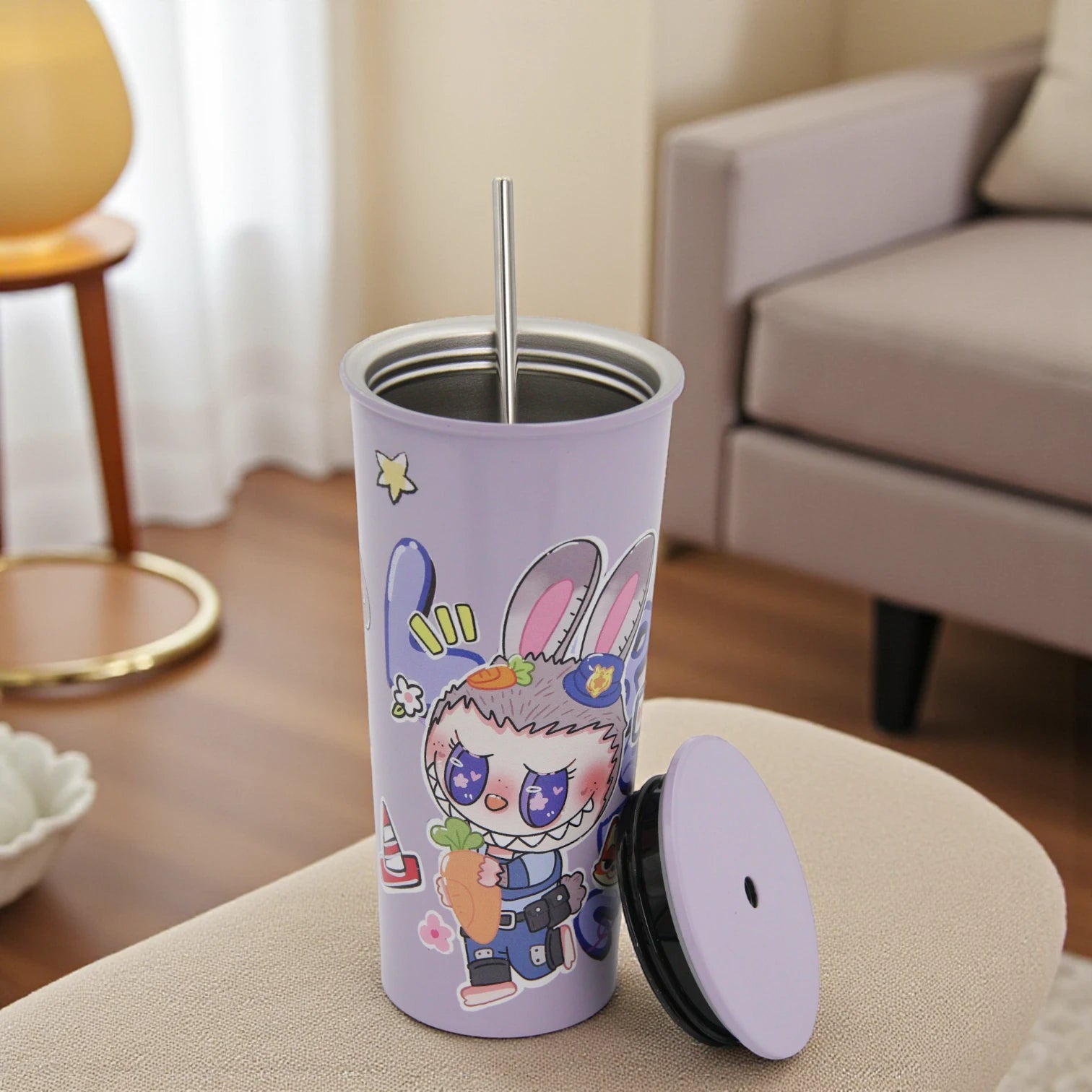 Damoo Purple Cartoon Stainless Steel Tumbler 18cm with Lid & Straw – Double Wall Insulated Cup for Hot & Cold Drinks, Cute Bunny Character Design - Damoo