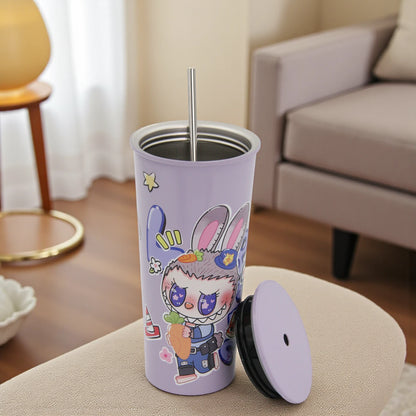 Damoo Purple Cartoon Stainless Steel Tumbler 18cm with Lid & Straw – Double Wall Insulated Cup for Hot & Cold Drinks, Cute Bunny Character Design - Damoo