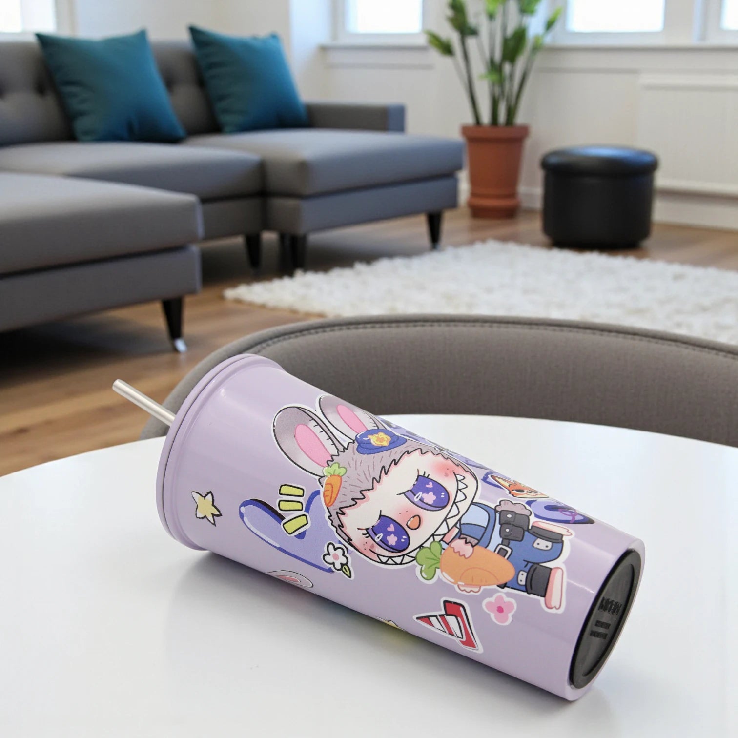 Damoo Purple Cartoon Stainless Steel Tumbler 18cm with Lid & Straw – Double Wall Insulated Cup for Hot & Cold Drinks, Cute Bunny Character Design - Damoo