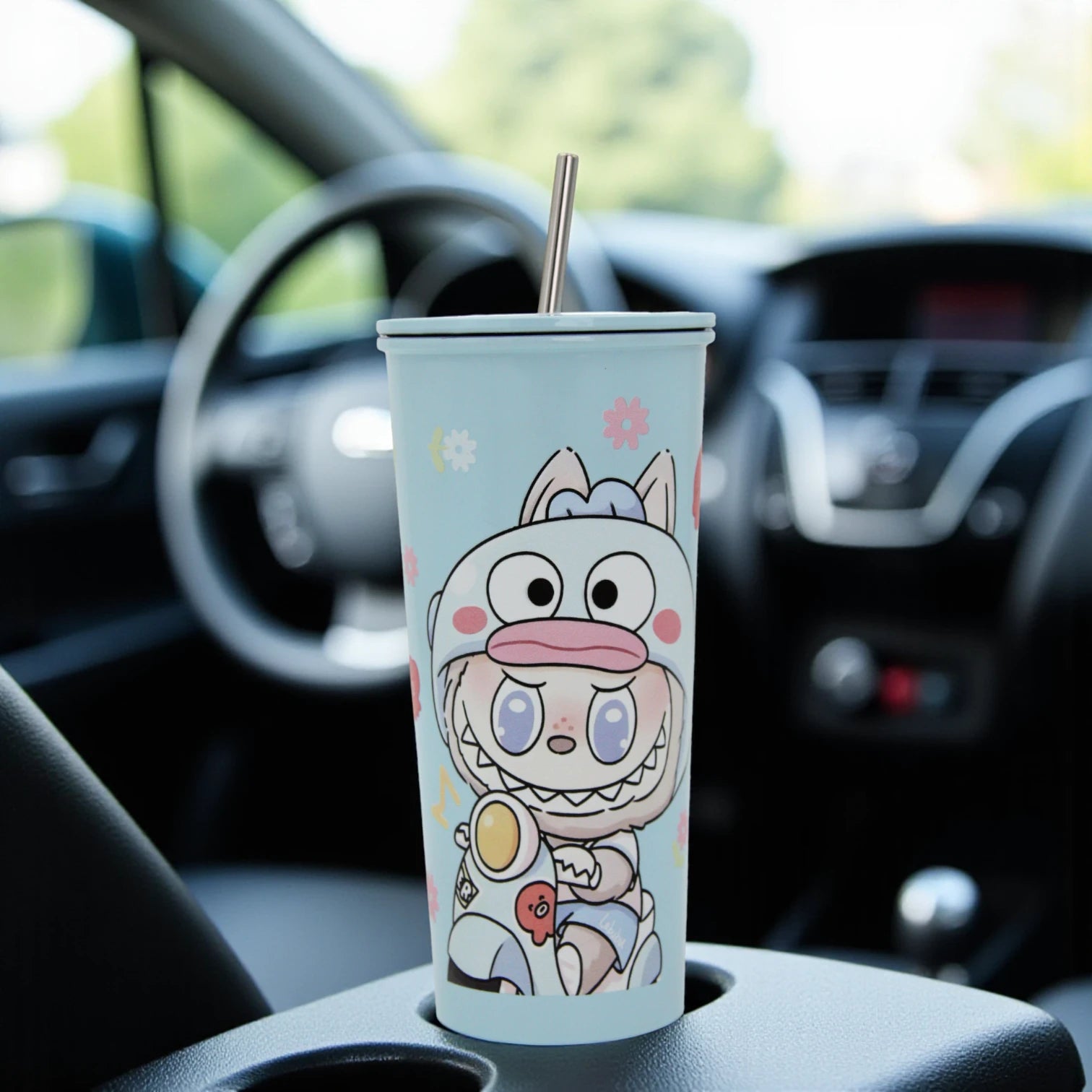Cute Cartoon Stainless Steel Tumbler Cup with Lid & Straw – Insulated Reusable Travel Mug for Hot & Cold Drinks – Leak-Proof, Eco-Friendly, 500ml - Damoo