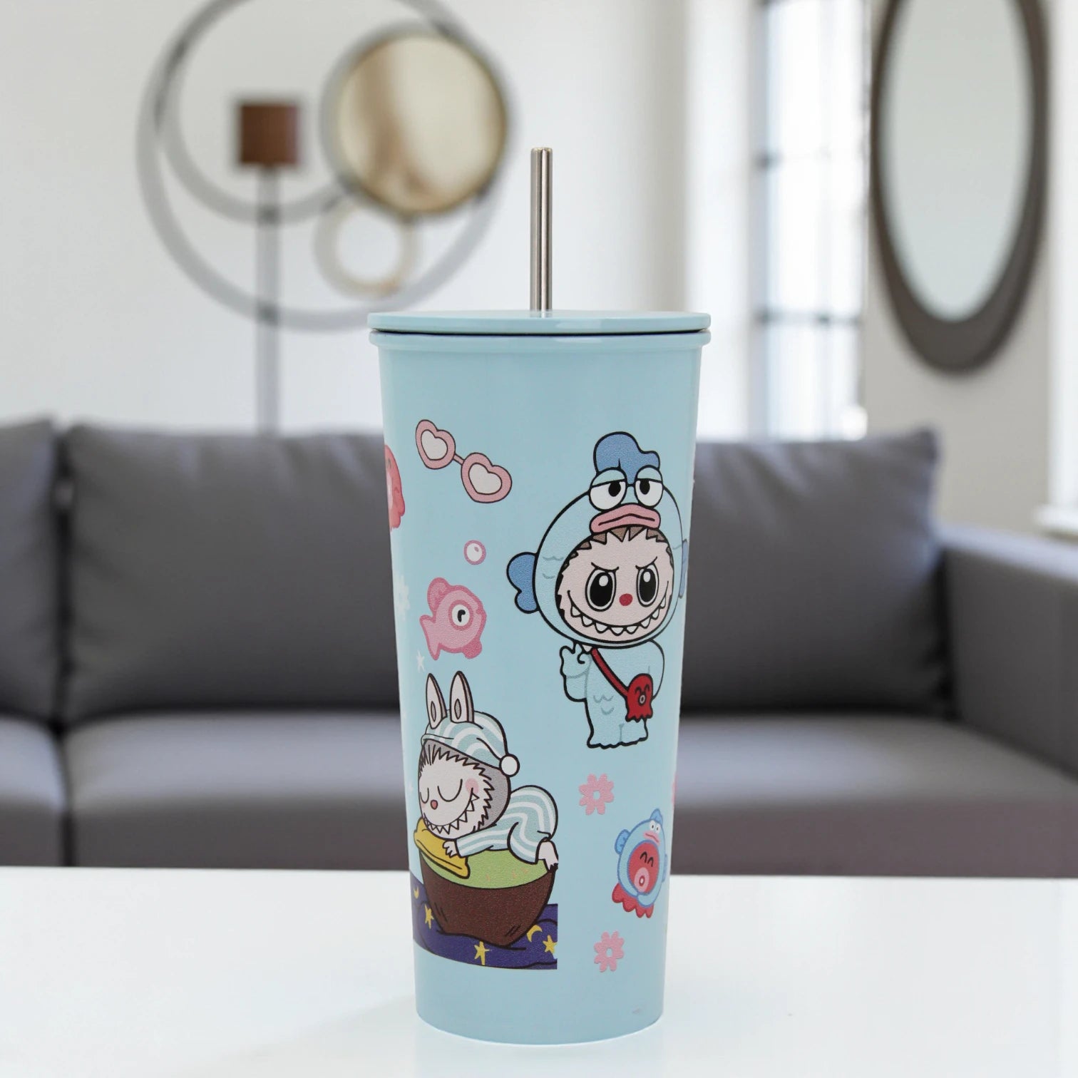 Cute Cartoon Stainless Steel Tumbler Cup with Lid & Straw – Insulated Reusable Travel Mug for Hot & Cold Drinks – Leak-Proof, Eco-Friendly, 500ml - Damoo