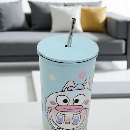 Cute Cartoon Stainless Steel Tumbler Cup with Lid & Straw – Insulated Reusable Travel Mug for Hot & Cold Drinks – Leak-Proof, Eco-Friendly, 500ml - Damoo