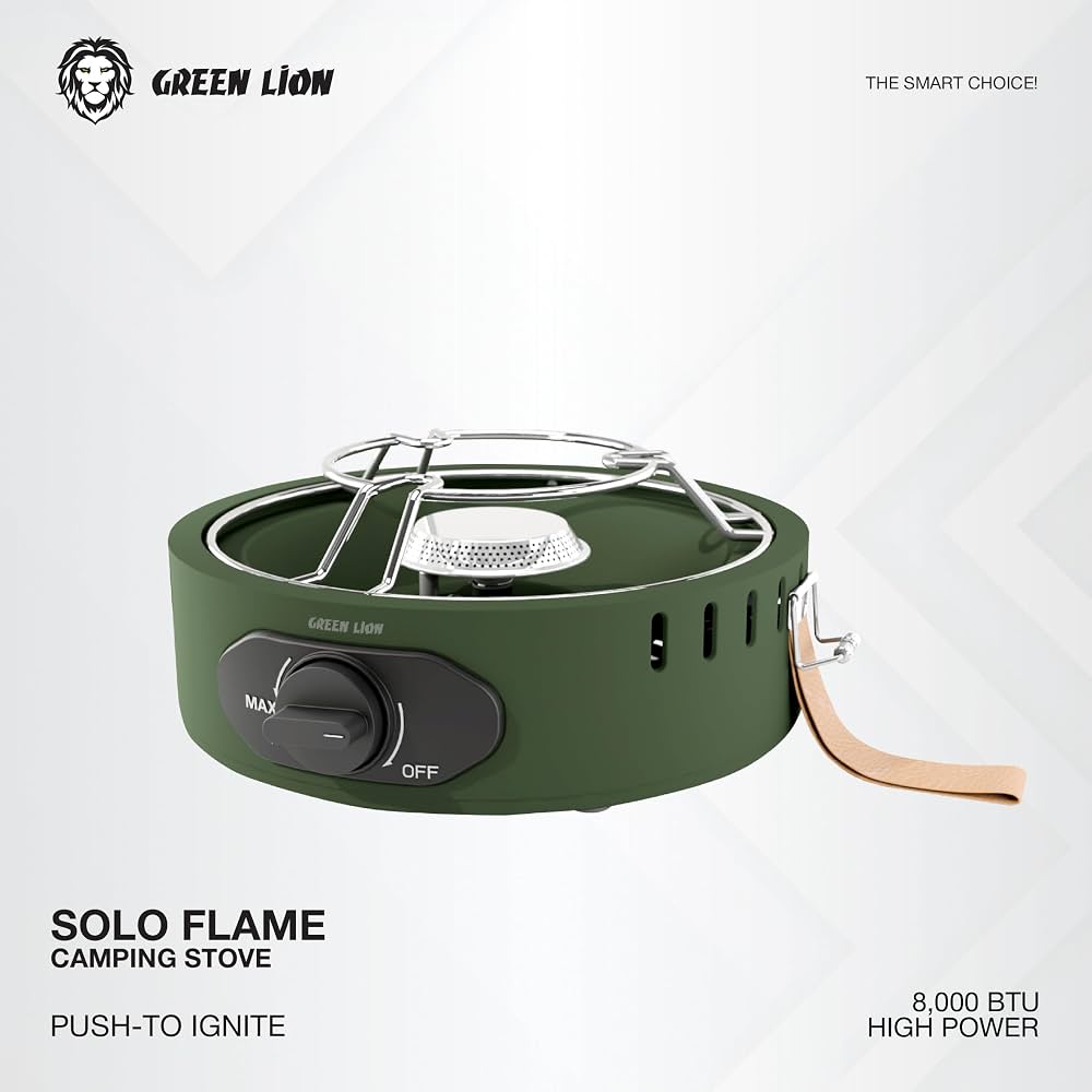 موقد التخييم GREEN LION SOLO FLAME – شعلة واحدة متوافقة مع غاز البوتان | إشعال بالضغط، تحكم بمقبض، قدرة عالية 8000 BTU