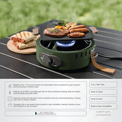موقد التخييم GREEN LION SOLO FLAME – شعلة واحدة متوافقة مع غاز البوتان | إشعال بالضغط، تحكم بمقبض، قدرة عالية 8000 BTU