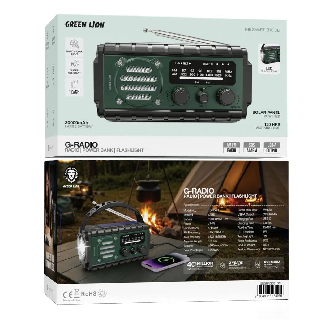 GREEN LION G-RADIO راديو طوارئ 20000mAh وبنك طاقة ومصباح | لوح شمسي، شحن يدوي، مقاومة ماء IPX6، إنذار SOS ومصباح قراءة