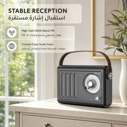 مكبر صوت راديو Vintage من GREEN LION باللون الأسود، بلوتوث وراديو FM، قرص تناظري كلاسيكي، هوائي تلسكوبي، USB وAUX، تشغيل 6.5 ساعات