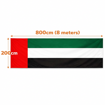 علم عيد الاتحاد الإماراتي UU-900 – علم ساتان كبير بمقاس 2×8 م بتصميم نابض بالأحمر والأخضر والأبيض والأسود