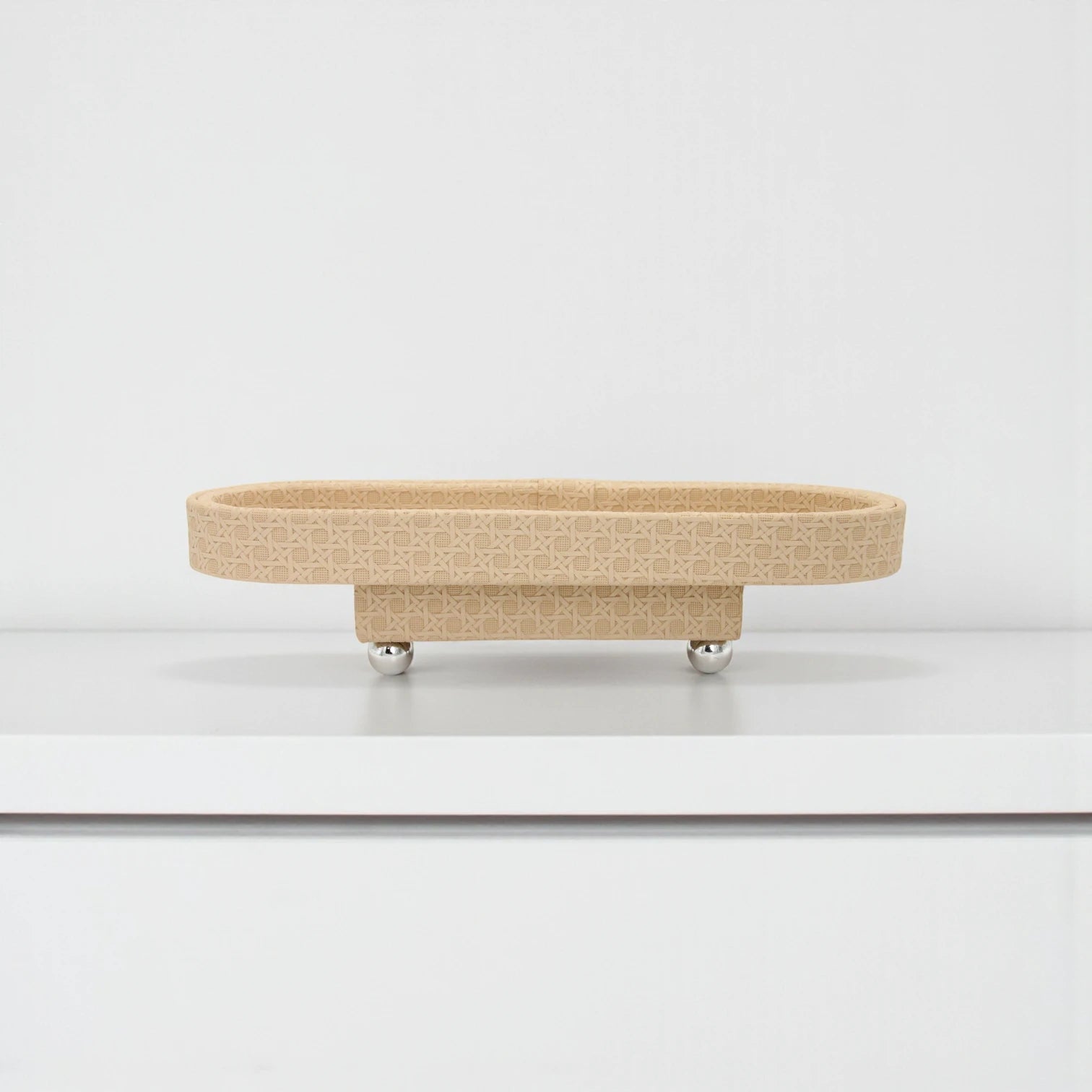 Beige Leather Serving Tray with Silver Ball Feet | Elegant Faux Leather Design for Tea, Coffee, Snacks & Home Décor - Damoo