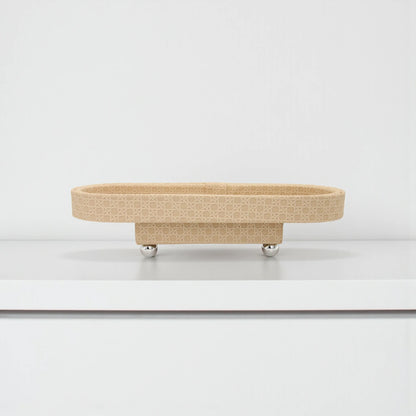 Beige Leather Serving Tray with Silver Ball Feet | Elegant Faux Leather Design for Tea, Coffee, Snacks & Home Décor - Damoo