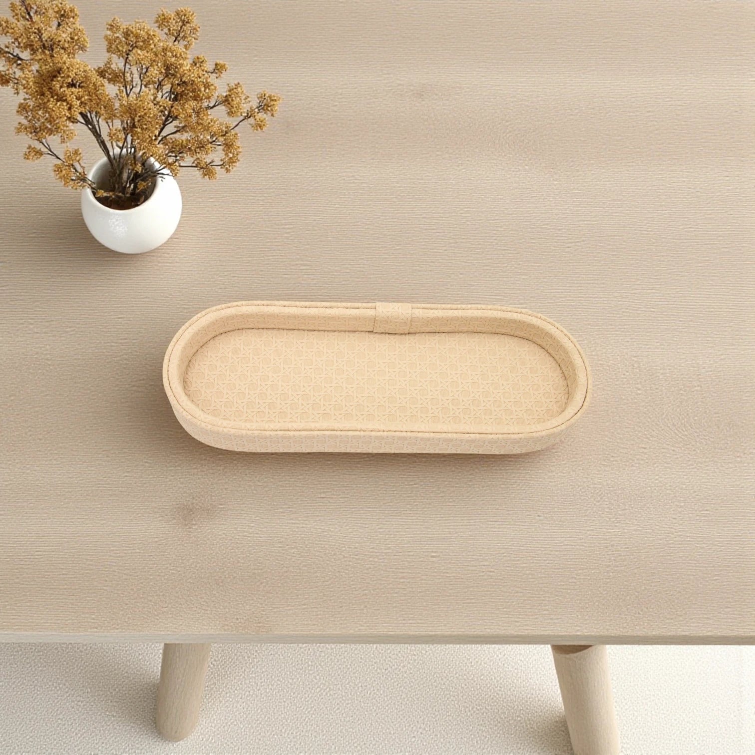 Beige Leather Serving Tray with Silver Ball Feet | Elegant Faux Leather Design for Tea, Coffee, Snacks & Home Décor - Damoo