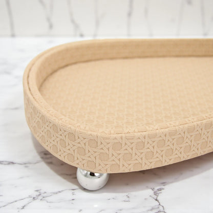 Luxury Leather Tray –  with Chrome Ball Feet | Beige Decorative Serving Trays for Tea, Coffee & Home Décor - Damoo