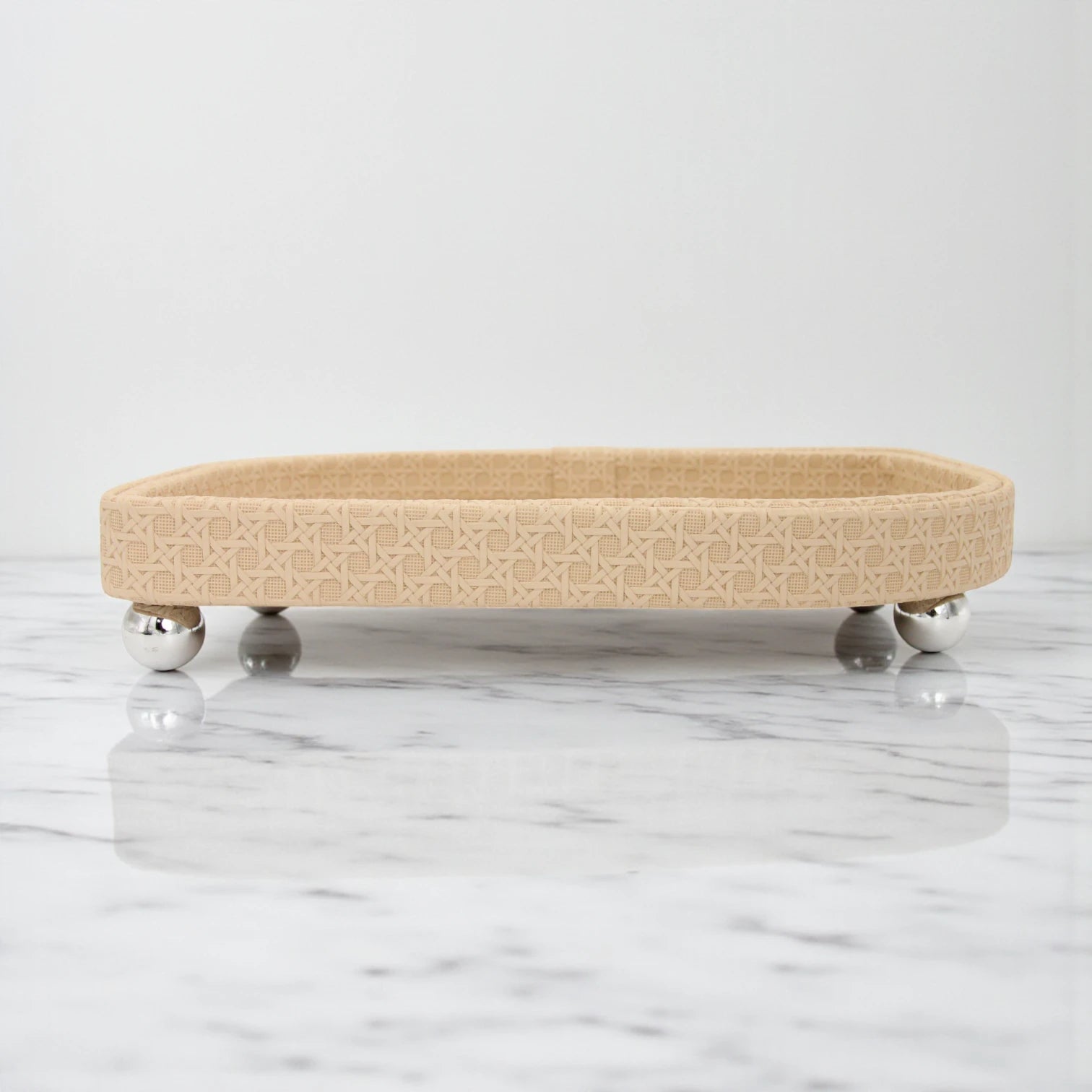 Elegant Beige Oval Serving Tray with Textured Pattern & Chrome Ball Feet | Decorative Coffee & Tea Table Organizer - Damoo