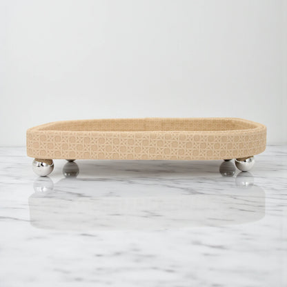 Elegant Beige Oval Serving Tray with Textured Pattern & Chrome Ball Feet | Decorative Coffee & Tea Table Organizer - Damoo