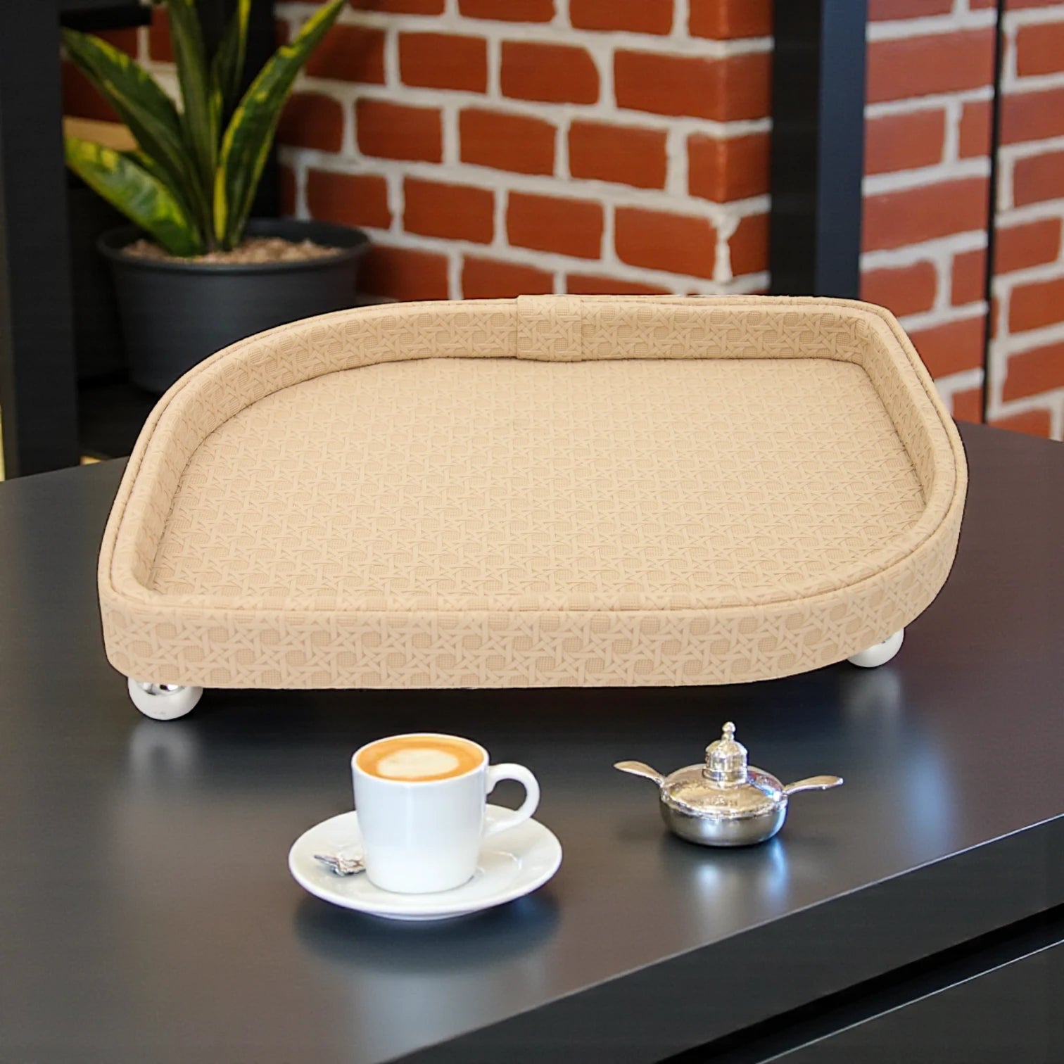 Elegant Beige Oval Serving Tray with Textured Pattern & Chrome Ball Feet | Decorative Coffee & Tea Table Organizer - Damoo