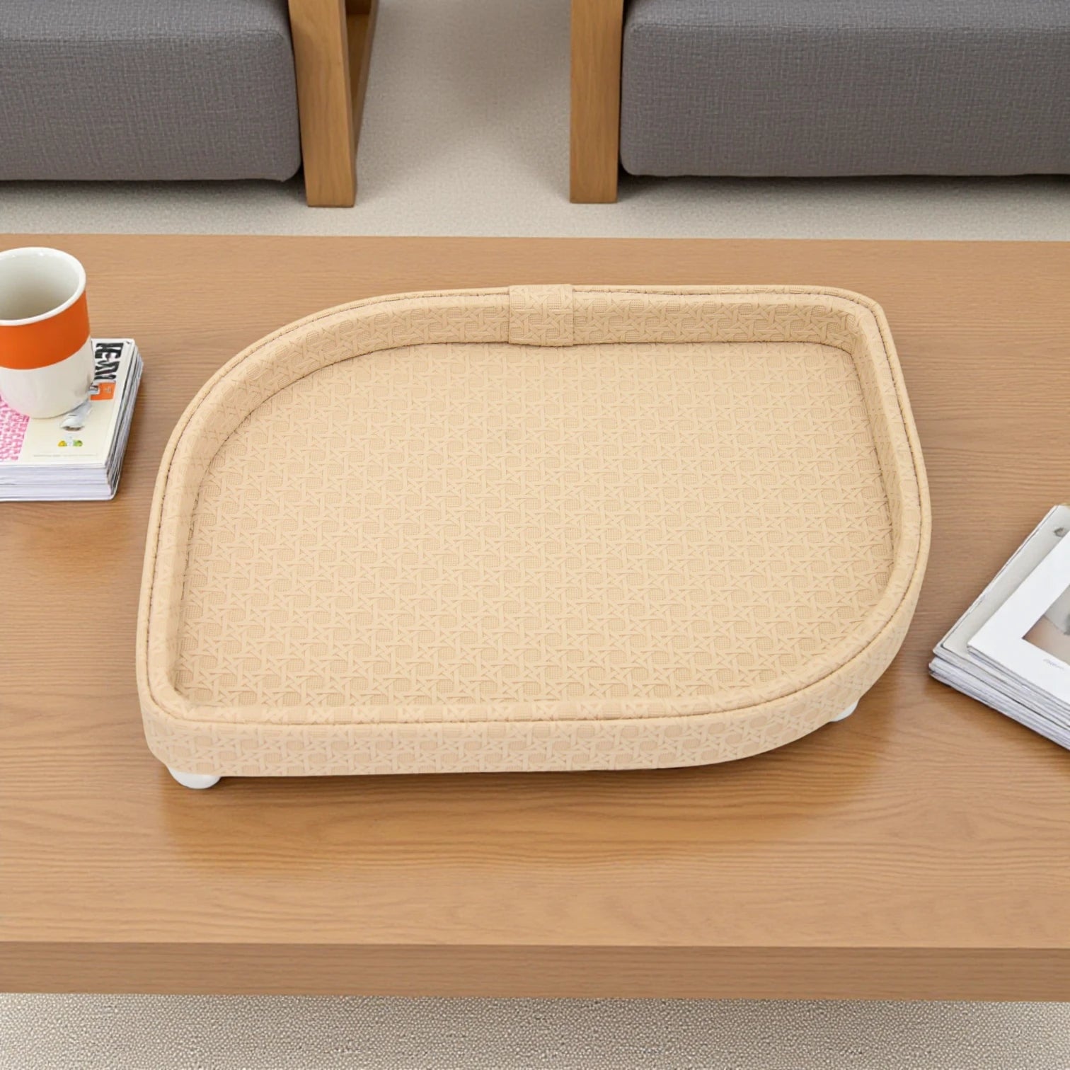 Elegant Beige Oval Serving Tray with Textured Pattern & Chrome Ball Feet | Decorative Coffee & Tea Table Organizer - Damoo