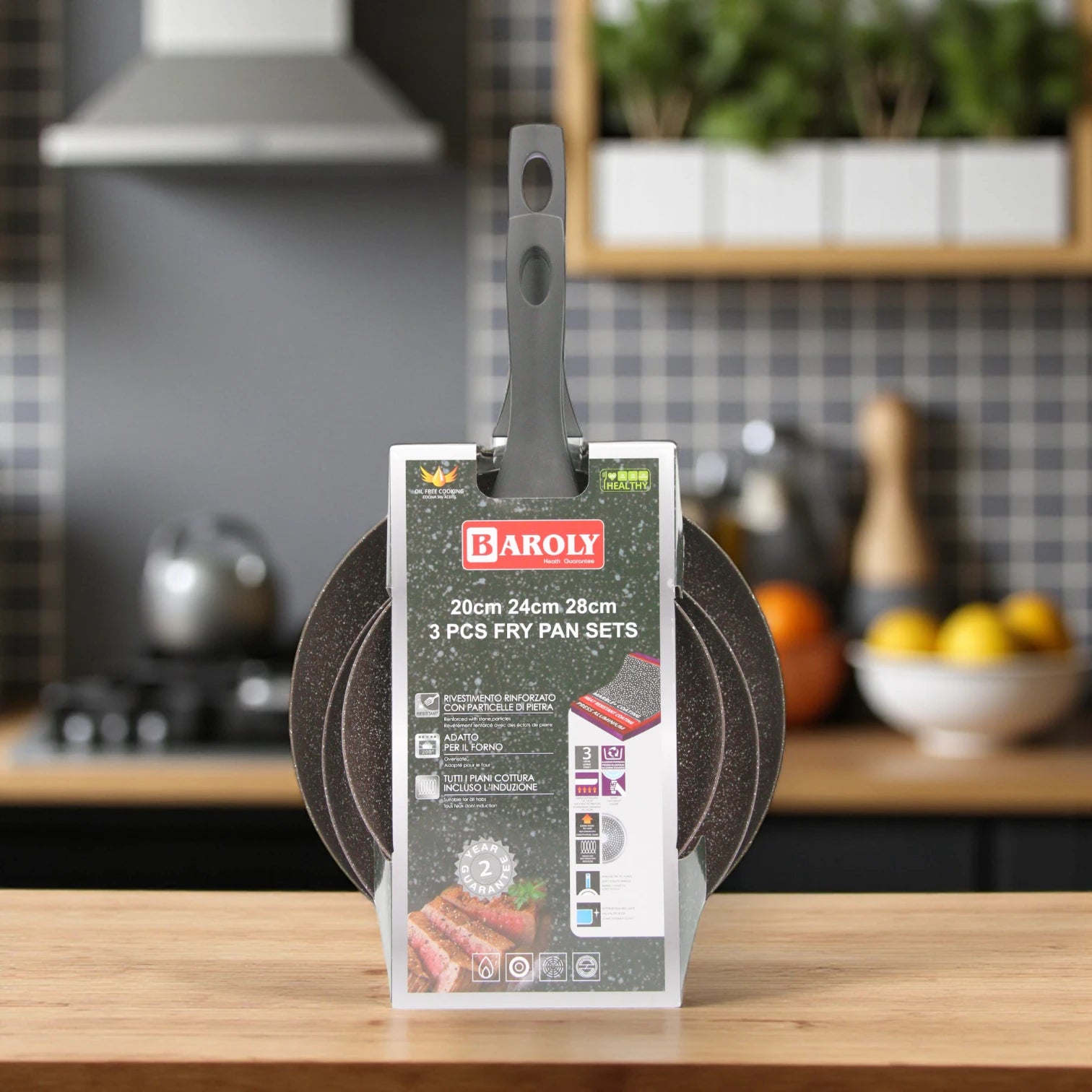 Baroly 3 Pcs Fry Pan Set (20cm, 24cm, 28cm) | Non-Stick Marble Coating | Induction & Oven Safe | Durable Aluminum Cookware with Soft-Touch Handles - Damoo